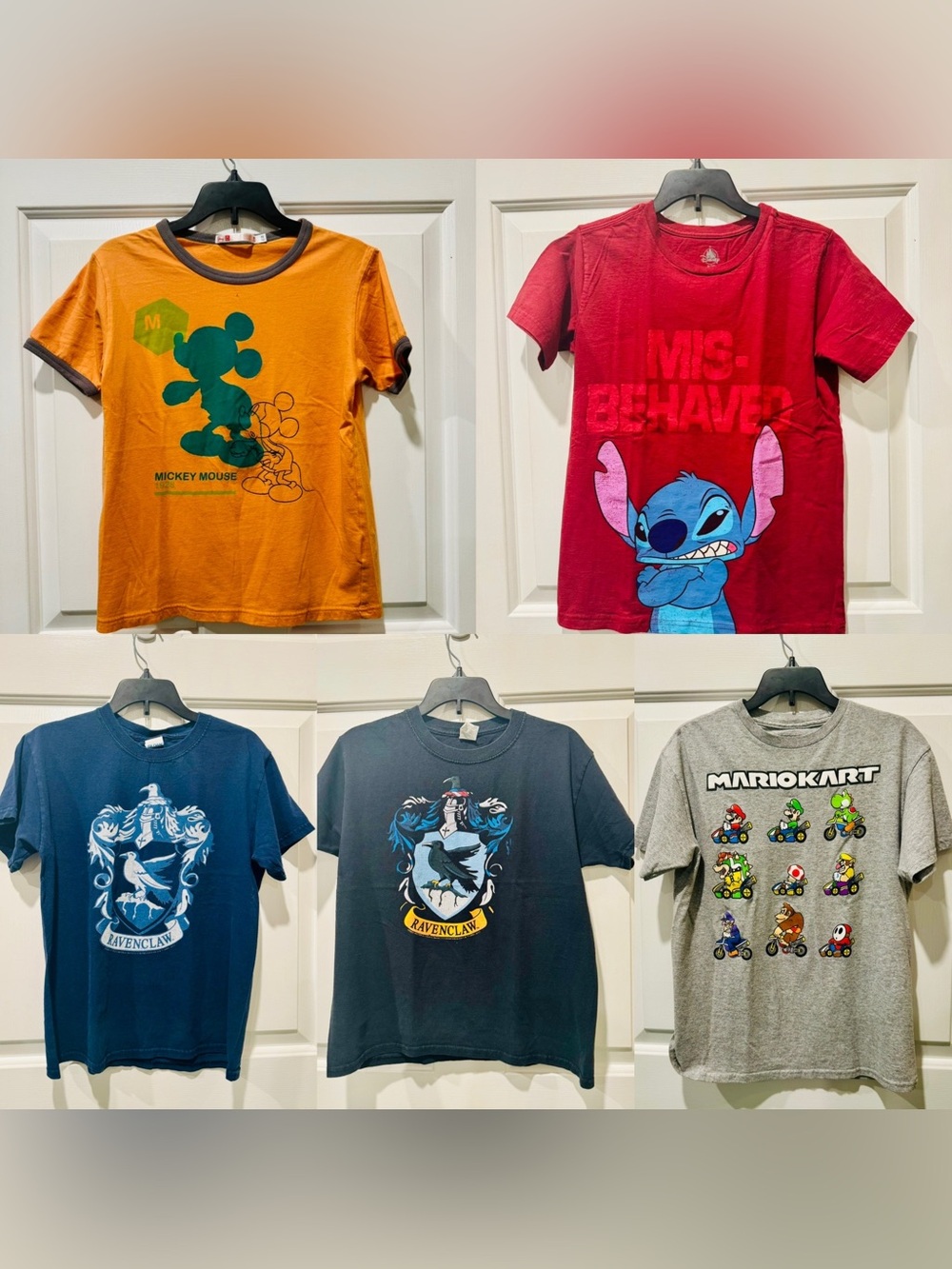 Lot of 5 Unisex Kids M Cotton Graphic Tee Shirts Mickey Stitch Mario Kart